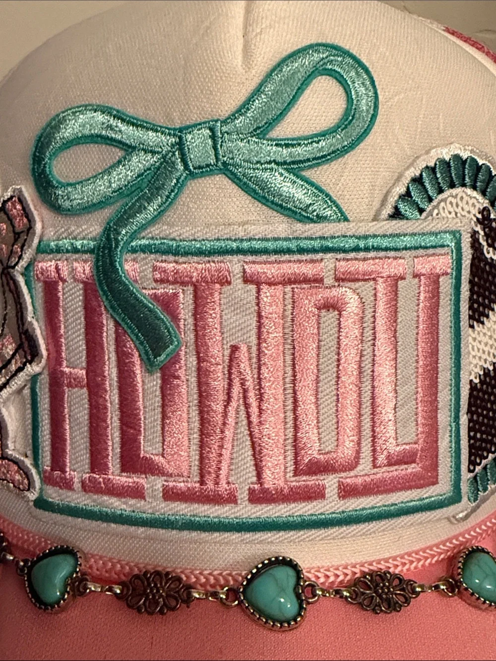 HOWDY Embellished Pink & White Trucker Cap with Turquoise Accents